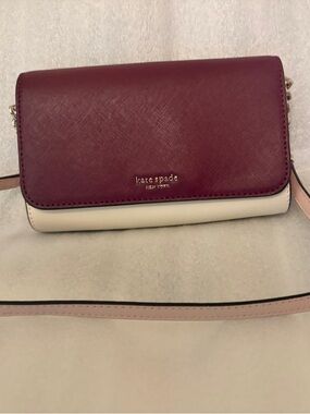 Kate Spade Saffiano Leather Crossbody Clutch Burgundy/Cream Silver Chain Strap